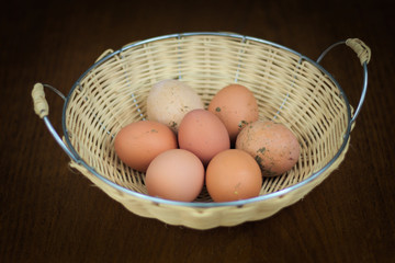 Farm Fresh Eggs organic in the basket, eggs fresh from chicken with chicken poop spots of shells