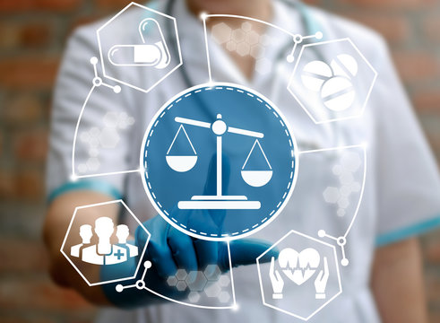 Medical Law And Justice Concept. Doctor Presses Scales Icon On Virtual Screen. Medicine Judge's. Health Care Balance. Litigation In Medicine. Judicial Healthy Technology