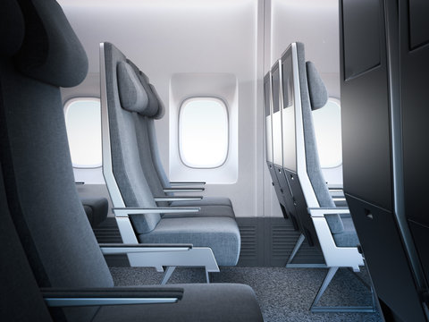 Bright airplane seats in the cabin. 3d rendering