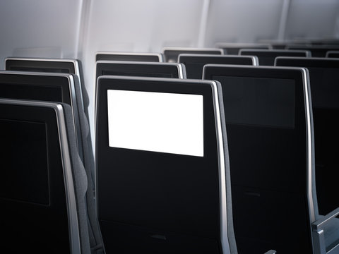 Blank aircraft monitor in passenger seat. 3d rendering