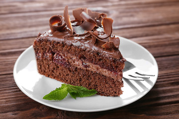 Delicious chocolate cake on plate