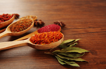 Spices in spoons on a wooden background