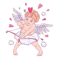 Valentine's day. Cupid with a bow and arrow takes aim. Vector illustration isolated on white background.