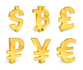 Dollar, Euro, Pound, Yen, Bitcoin, Ruble. Set of 6 currency 3d s