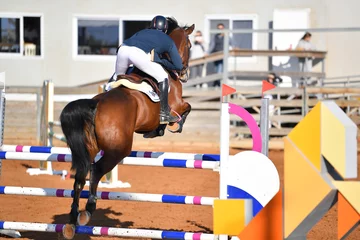 Crédence de cuisine en verre imprimé Léquitation Rider on horse jumping over a hurdle during the equestrian event