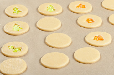 Raw Crystal Cookies In Baking Tray. Sugar Cookies Dough.