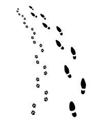 Footprints of man and dog, turn left, vector
