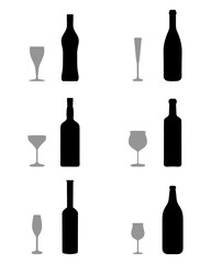 Black silhouettes of glasses and bottles, vector