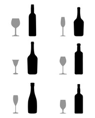 Black silhouettes of glasses and bottles, vector