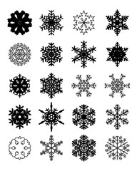 Set of different black snowflakes on a white background