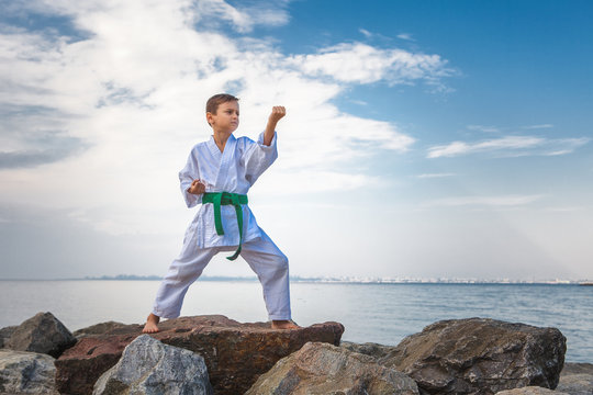 Young boy training karate