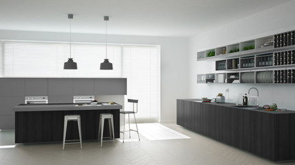 Fototapeta premium Scandinavian white kitchen with wooden and gray details, minimal