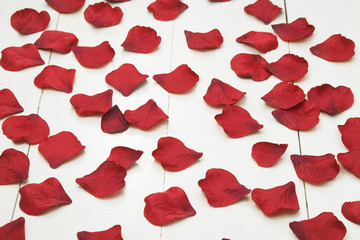 Red fabric rose petals on white wooden floorboards