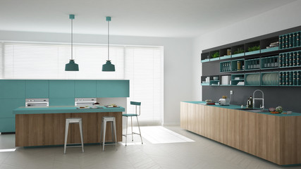 Scandinavian gray kitchen with wooden and turquoise details, min