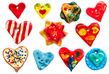 Toys made of salty dough. Set of eleven hearts