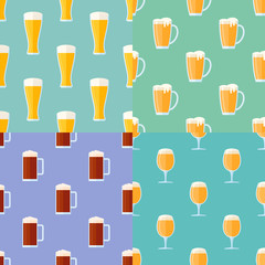 Set of seamless patterns with beer glasses. Vector texture.