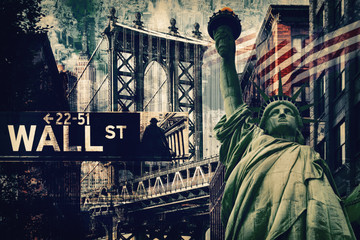 Obraz premium Kolaż z Nowego Jorku, w tym Statua Wolności i Severa