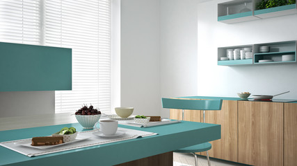 Minimalistic white kitchen with wooden and turquoise details, ve
