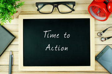 Top View Of Pen, Diary, Spectacle, Alarm Clock, Earphone, Smartphone and Chalkboard With Business...