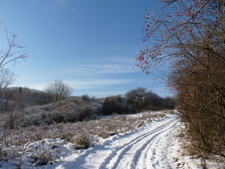 Traces on snow in the mountains. Beautiful winter landscape. 