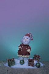 very cute santa claus with gift box on snow on wooden and green
