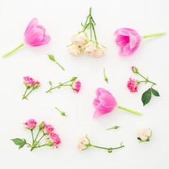 Pattern with flowers, branches and leaves isolated on white background. Flat lay, Top view.