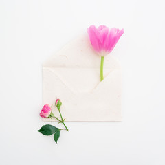 Flowers and paper cards. Flat lay, Top view
