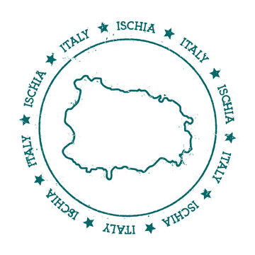 Ischia vector map. Distressed travel stamp with text wrapped around a circle and stars. Island sticker vector illustration.