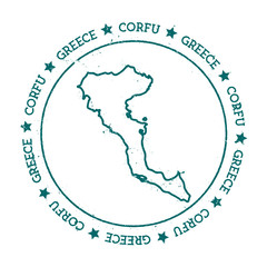 Obraz premium Corfu vector map. Distressed travel stamp with text wrapped around a circle and stars. Island sticker vector illustration.