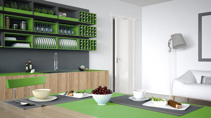 Minimalistic gray kitchen with wooden and green details, vegetar