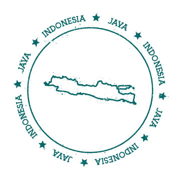 Java vector map. Distressed travel stamp with text wrapped around a circle and stars. Island sticker vector illustration.