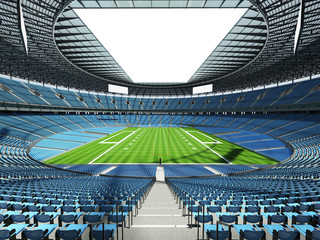 Round football stadium with sky blue seats