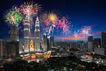 Fototapeta premium Firework over Kuala Lumpur city, Malaysia skyline