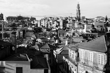 View of Porto old town, Portugal. Black-and-white photo.