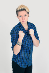 Beautiful woman doing different expressions in  different sets of clothes: boxe