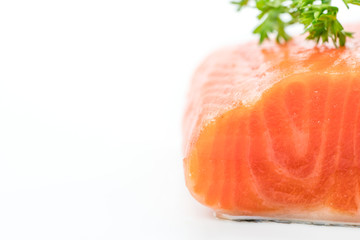 Fresh salmon steak on white background.