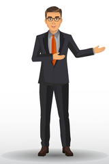 Businessman in black suits, with presentation poses, vector illustration