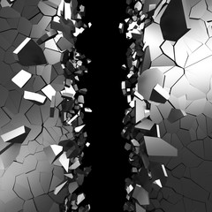 cracked shiny metallic dark wall explosion destruction