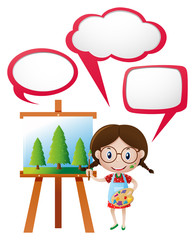 Speech bubble template with girl painting on canvas