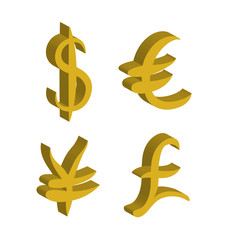 Obraz premium Gold set of main currency signs. Signs of dollar and yen, euro and pound. Vector illustration