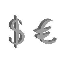 Gray set of main currency signs. Volume signs of dollar and euro on white background with shadow. Vector illustration