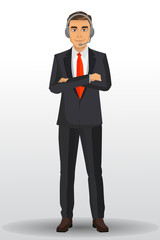 Customer service people, man wearing headsets of client services and communication, vector illustration.