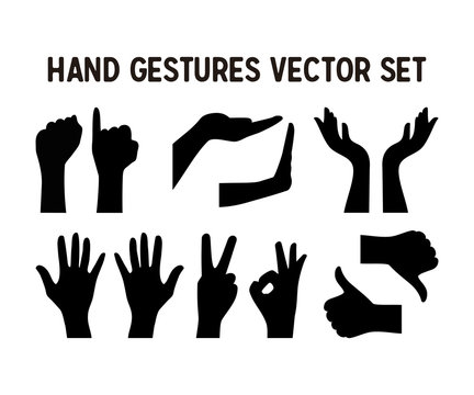 Complete Hand Mark and Sign Communication Silhouette Gestures Vector Icon Set