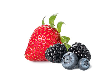 Fresh berries isolated on the white background. Ripe Sweet Strawberry, Blueberry, Blackberry