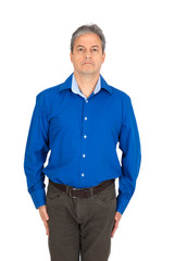 Handsome man doing different expressions in different sets of clothes: at attention