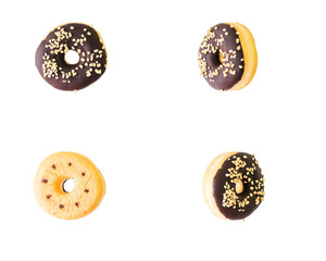 Collage of tasty donuts from different poin of views isolated on white background