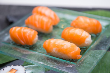 Delicious sushi set on dish