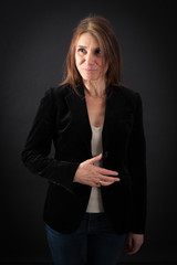 Beautiful woman doing different expressions in different sets of clothes: hungry