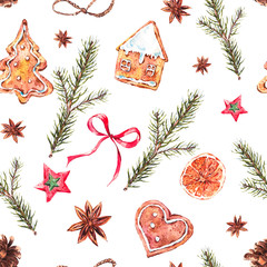Watercolor Christmas seamless pattern with gingerbread cookies