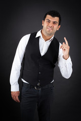 Handsome man doing different expressions in different sets of clothes: drunk